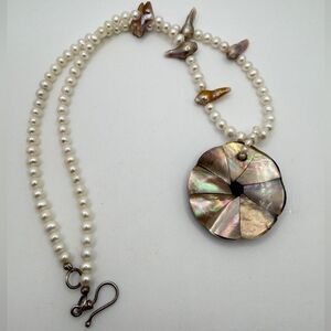 20" freshwater pearls and shell necklace w/ a mother of pearl flower, 925 clasp!
